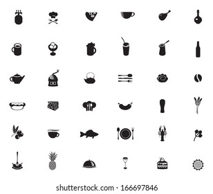  set of black and white icons on the theme of food and drinks