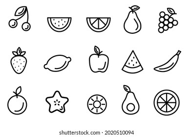 a set of black and white icons on the theme of fruits. healthy food. ordinary fruits and tropical icons are suitable for the design of websites, presentations and stories