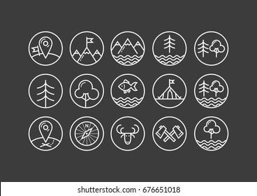 Set of black and white icons on the theme of tourism