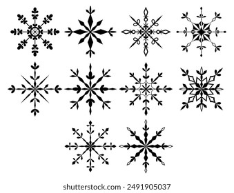 Set von schwarzen und weißen Ikonen von durchbrochenen Schneeflocken. Schnee. Kollektion von eleganten Schneeflocken im Line Art Stil für Winter, Neues Jahr, Weihnachtsmusiken Design.
