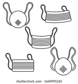Un conjunto de iconos blancos y negros de máscaras médicas desechables de papel gasa protectoras para respiradores de la peligrosa cepa del virus Enfermedad pandémica del coronavirus Covid 019. Ilustración vectorial.