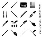 A set of black and white icons representing various tools and instruments, including files, scalpels, and other mechanical devices.