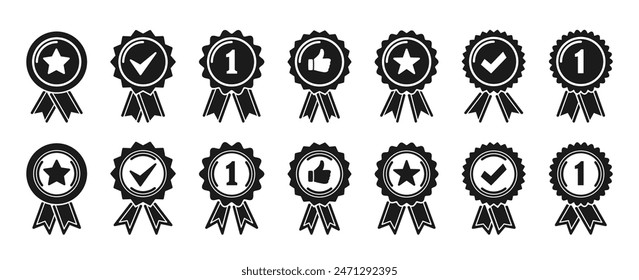 Set Of Black And White Icons Representing Quality Awards. Vector Icons Of Stars, Check Marks, Thumbs Up And Number One