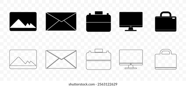 Set of Black and White Icons Representing Images, Envelopes, Briefcases, and Monitors in Filled and Outline Styles