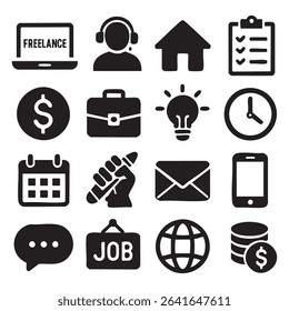 A set of black and white icons representing various aspects of business, work, and communication.