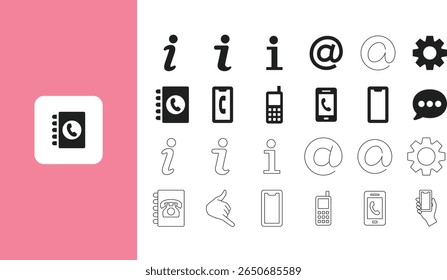 A set of black and white icons representing contact information, including address book, phone, email, and settings.
