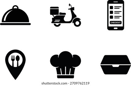 A set of black and white icons representing food delivery services, including a restaurant cloche, delivery scooter, mobile app, location pin, chef hat, and takeout box.