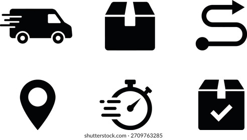Un conjunto de iconos en blanco y negro que representan la entrega y la logística, incluida una furgoneta de entrega, una caja de cartón, una ruta de bobinado, un pin de ubicación, un temporizador y una caja con una marca de verificación.