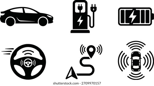 A set of black and white icons representing electric vehicle technology, including charging stations, battery levels, steering wheel control, navigation, and autonomous driving features.