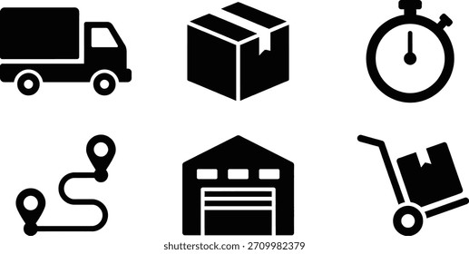 A set of black and white icons representing delivery and logistics, including a truck, box, clock, route, warehouse, and handcart.