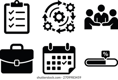 Um conjunto de ícones em preto e branco que representam vários aspectos do gerenciamento de negócios e projetos, incluindo listas de verificação, fluxo de trabalho, trabalho em equipe, pasta, calendário e progresso.