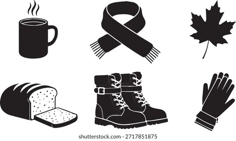 Un conjunto de iconos en blanco y negro que representan artículos de otoño e invierno como una bebida caliente, bufanda, hoja de arce, pan, botas y guantes.