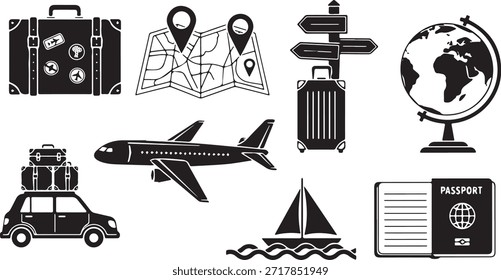 Eine Reihe von schwarz-weißen Symbolen, die verschiedene Reiseelemente darstellen, darunter Gepäck, Karten, Flugzeuge, Autos, Globen und Pässe.