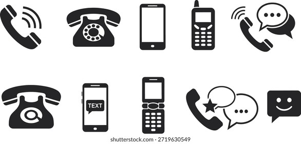 A set of black and white icons representing different types of phones and communication methods
