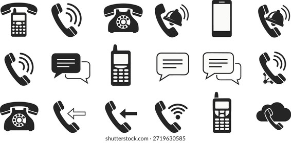 A set of black and white icons representing different types of phones and communication symbols