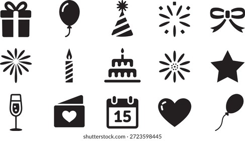 Conjunto de iconos en blanco y negro que representan Elementos de cumpleaños, incluidos regalos envueltos, globos, sombreros de fiesta y pasteles de celebración, perfecto para fines de diseño festivo y decoraciones de eventos.