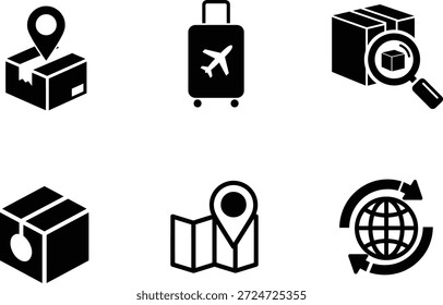 A set of black and white icons representing shipping, logistics, tracking, and travel services