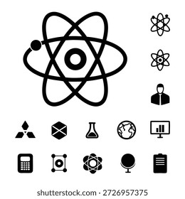 Eine Reihe schwarz-weißer Symbole, die verschiedene Wissenschafts- und Technologiekonzepte darstellen, darunter Atome, Moleküle, Laborausrüstung und Datenanalysetools.