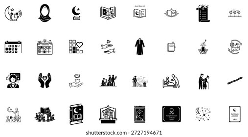 Un conjunto de iconos en blanco y negro que representan varios aspectos de la religión y la espiritualidad, incluidos símbolos, lugares de culto y personas que participan en prácticas espirituales.