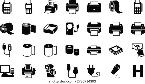 A set of black and white icons representing different electronic devices and office equipment