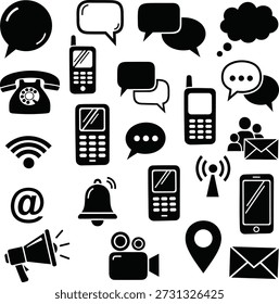 Un conjunto de iconos en blanco y negro que representan diferentes dispositivos y métodos de comunicación