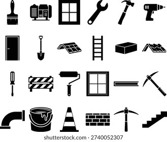 A set of black and white icons representing various construction tools and materials, including wrenches, hammers, saws, windows, doors, bricks, and more
