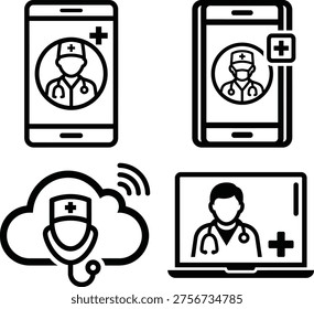 A set of black and white icons representing telemedicine, including doctors on smartphones, a laptop, and a cloud with a stethoscope, symbolizing remote healthcare and medical consultations.