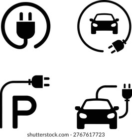 A set of black and white icons representing electric vehicle charging, parking, and car silhouettes, indicating EV infrastructure.