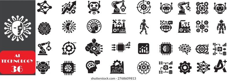 A set of black and white icons representing AI technology on a clean white background, suitable for use in design, marketing, and educational materials.