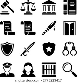 Set of black and white icons representing law enforcement legal justice and crime investigation symbols