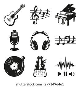 A set of black and white icons representing various musical instruments and audio equipment, including a guitar, piano, microphone, and headphones.