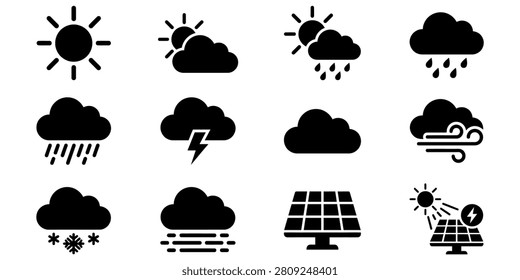 A set of black and white icons representing different weather conditions and energy sources.