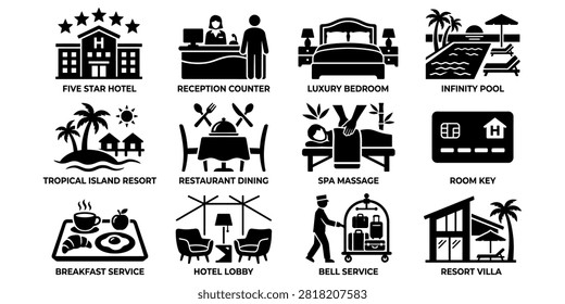 A set of black and white icons representing different travel and hospitality services.
