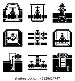 A set of black and white icons representing various components of industrial water systems, including valves, meters, pumps, and hydrants.