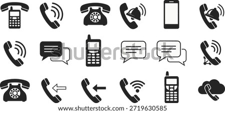 A set of black and white icons representing different types of phones and communication symbols