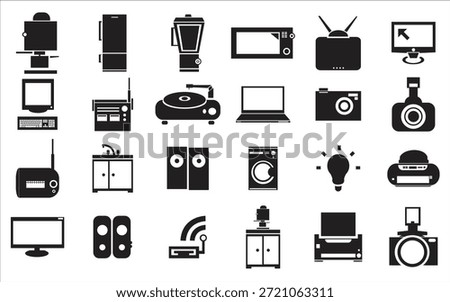A set of black and white icons representing different electronic devices and gadgets