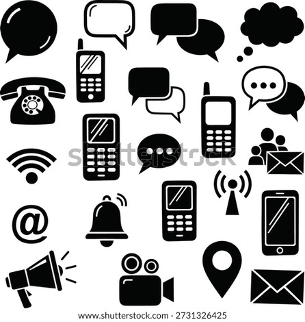 A set of black and white icons representing different communication devices and methods