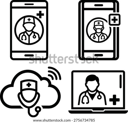 A set of black and white icons representing telemedicine, including doctors on smartphones, a laptop, and a cloud with a stethoscope, symbolizing remote healthcare and medical consultations.