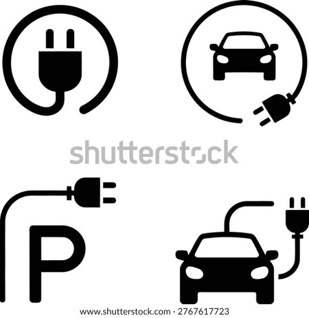 A set of black and white icons representing electric vehicle charging, parking, and car silhouettes, indicating EV infrastructure.