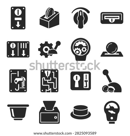 A set of black and white icons representing various industrial control panel elements and symbols