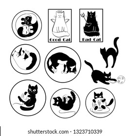 Set of black and white icons, stickers, cards with funny cats and kittens. Vector design elements.