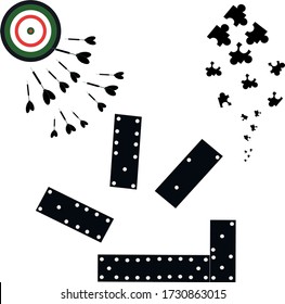 a set of black and white  icons with table and gambling games - dominoes, Darts, chess, puzzles, poker icons