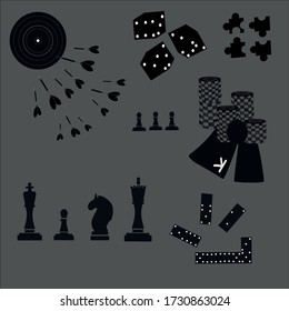 a set of black and white  icons with table and gambling games - dominoes, Darts, chess, puzzles, poker icons