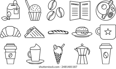 A set of black and white icons themed around a coffee shop, featuring food, coffee, cups, and more