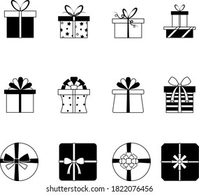 Set of black and white icons.
Various options for gift boxes tied with a ribbon and decorated with a bow.