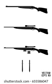 Set of Black and White Icons. Weapons for Hunting. Shotguns and Knives. Vector Illustration
