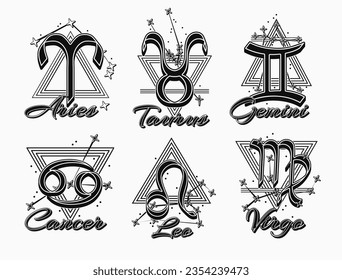 Set of black and white icons of zodiac sign Aries, Taurus, Gemini, Cancer, Leo, Virgo with constellation, text, triangle as alchemical symbol of the elements. Horoscope symbols on white background