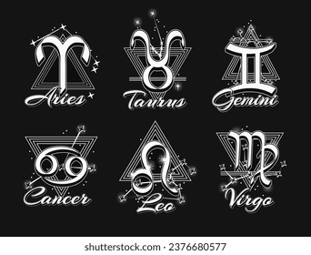 Set of black and white icons of zodiac sign Aries, Taurus, Gemini, Cancer, Leo, Virgo with constellation, text, triangle as alchemical symbol of the elements. Horoscope symbols on black background