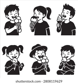 Set of black and white illustrated characters enjoying and eating ice cream cones with icecream illustration childhood lifestyle summerfood delicious character isolated kidsfood