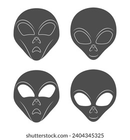 Set of black and white illustration with alien face. Isolated vector object on white background.